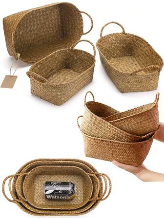 1pc Handmade Woven Rattan Basket, Natural Handwoven Storage Basket With Handle, Stackable Oval Design, Suitable For Desktop Organization, Storing Clothes And More. Multi-Functional Handcraft Basket For Home Decor