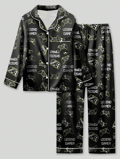 2 件套青少年男孩家居服套装：黑色游戏机印花翻领长袖衬衫和长裤