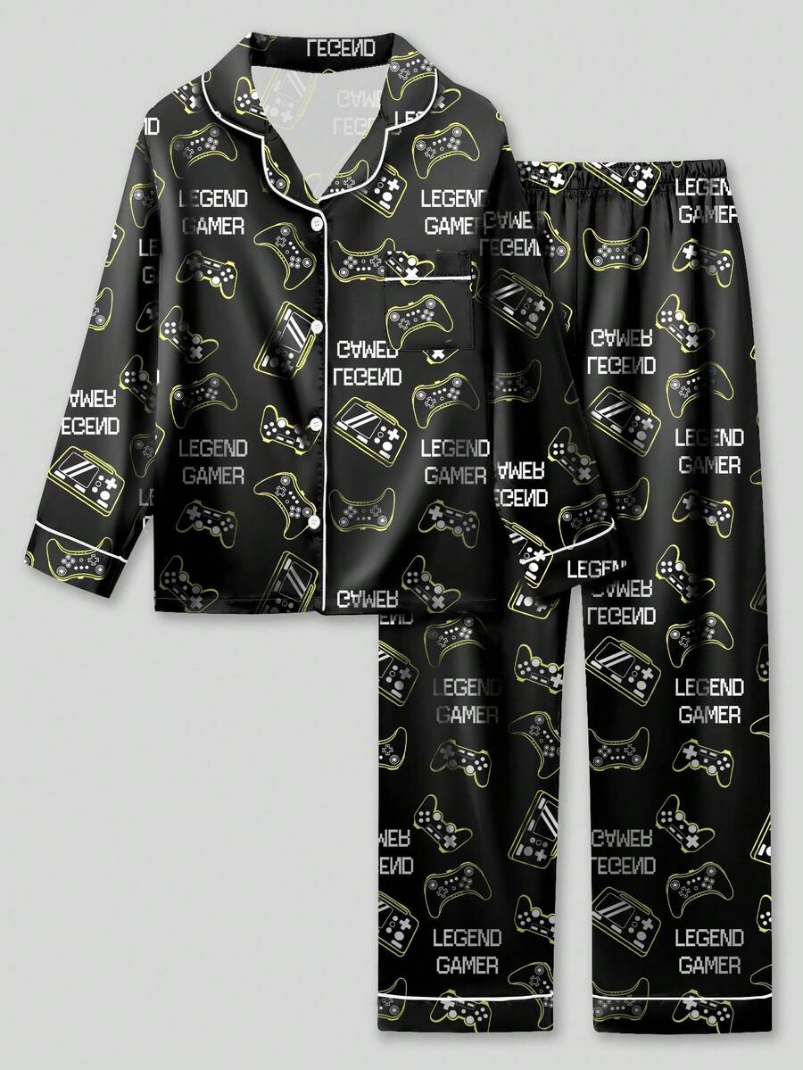 2 件套青少年男孩家居服套装：黑色游戏机印花翻领长袖衬衫和长裤 - 彩色 - 查看 1