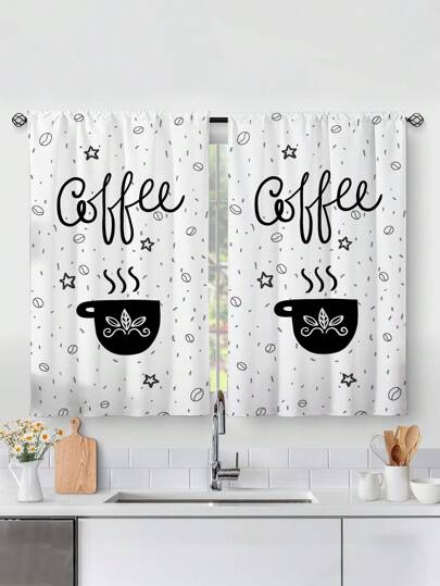2 piezas Cortinas con diseño de elementos de café, sin ojales, para dormitorio, oficina, cocina, sala de estar, estudio, decoración del hogar