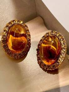 1 Pair Oval Metal & Resin Crystal Earrings, European Style Earrings For Women & Girls, Suitable For Travel, Wedding, Party, Birthday, Christmas Gift - Coffee - View 4