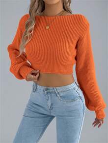 Y2K Backless Bow Tie Sweater Women Cold Shoulder Puff Sleeve Pullover Knot Front Solid Fall Winter Halloween - Orange - View 4