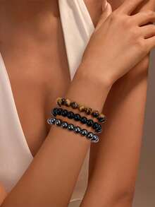 Xiacheng 男女适用疗愈水晶手链 8 毫米虎眼石赤铁矿黑曜石天然石串珠弹力手链三重保护手工宝石灵气珠宝礼物 - 經典色 - 查看 7