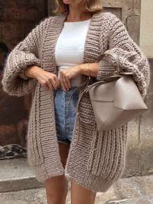 Live To Mo Fall Women Clothes Wear Mid-Length Dropped Shoulder Coarse Knit Cardigan Suitable For Back To School Eacher Outfits For Women Clothing Casual And Going Out Outfits - Brown - View 6