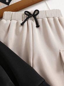 青少年男孩图案字母印花保暖圆领运动衫和裤子套装 - 卡其色 - 查看 5