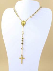 1pc 6mm Gold & Black Virgin Mary Stainless Steel Rosary Necklace, Fashionable Cross Pendant, Suitable For Couples Everyday Wear