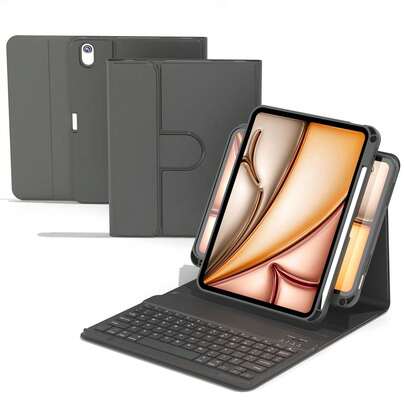 Funda con teclado giratorio 360°, compatible con iPad de 11.a generación/2025 (A16), material de piel sintética PU, teclado inalámbrico Bluetooth desmontable con batería de 150mAh, compatible con iPad de 11.a/10.a generación Air4/Air5/Air6/Air7 de 10.9" (M2) 2024 (M3) y modelos iPad de 10.2", con soporte para teclado inalámbrico y Apple Pencil, función de suspensión/activación automática - Negro