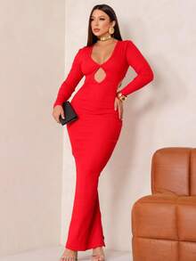 Long Sleeve Dress With Neckline And Slit At The Back For Women - Rojo - Ver 5