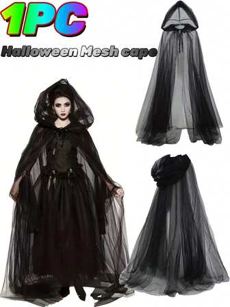 1 件黑色双层巫婆斗篷，适合万圣节角色扮演服装 - 轻质涤纶，带兜帽和可调节腰带，无羽毛，易于护理，适合恐怖派对、主题活动和节日服装、主题派对服装、双层设计、优雅垂坠面料