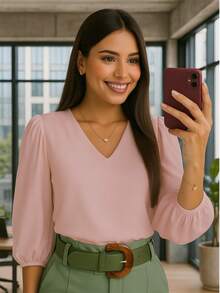 Women's Crepe Duna Blouse With 3/4 Puff Sleeve Plus Size And Slim - Màu Hồng baby - Xem 4