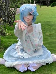 1pc Cute Fresh Strawberry Cat Print Lolita Maid Dress Cosplay Costume Set (No Headpiece), Light Blue, Suitable For Anime Convention, Music Festival, Autumn - Multicolor - View 7