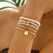 Fashionable And Elegant Alloy Disc Pendant Bracelet Crystal Resin Beaded Elastic Women's Bracelet 5-Piece Set - 杏色 - 查看 2