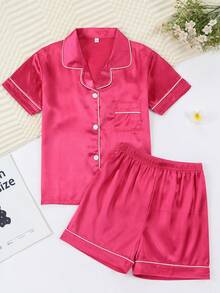Girls Pajamas, Satin Silky Pjs Set Kids 2Pcs Button-Down Nightwear Sleepwear Gift For Kids - 玫紅色 - 查看 1