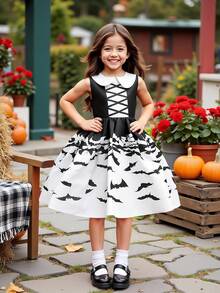 Young Girls Bat Pattern Black & White Contrast Halloween Party Princess Dress, Comes With Bag (Excluding Hair Accessories, Fabric Pattern Random) - Black and White - View 5