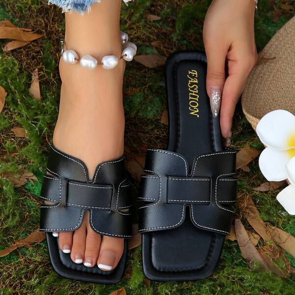 Korean Style Casual Flat Slippers Women Shoes, Summer Flip Flops Open Toe, Roman Style New Ladies Fashion French Riviera Beach Apartment Slip-On Sandals, Brown Retro