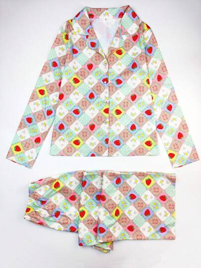 2pcs Set Women Checkered Strawberry Printed Long Sleeve Top And Long Pants Casual Pajamas, Button-Down