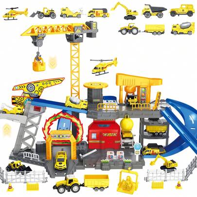 Construction Vehicles Track Set With Excavator, Dump Truck, Cement Truck, Wheel Loader & Rotating Crane, Interactive STEM Building Toy For Kids Ages 3-12 (ASTM Certified)