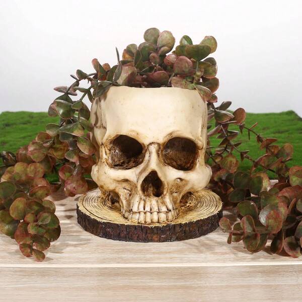 Maceta de resina con forma de calavera gótica, impermeable y multifuncional para uso en interiores y exteriores, como maceta de flores o recipiente de dulces, ideal para Halloween y el Día de los Muertos