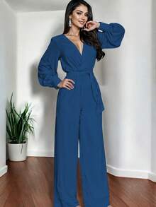 Mono De Pierna Ancha Casual Elegante Escote V profundo Manga Larga Bombacha Con Cinturón Ajustable Para Mujer - Azul Petroleo - Ver 1