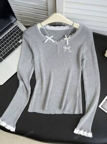 Women's Semi-Open Collar Bow Lace Splicing Knit Sweater, Slim Fit Long Sleeve T-Shirt Top