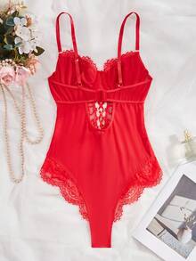 Lace Patchwork Lace-Up Sleeveless Jumpsuit, Summer - Red - View 2