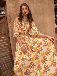 Faeriesty BohoBloom Bohemian Style Women's 2-Piece Set, Off-Shoulder Ruffle Blouse Paired With A-Line Skirt - Ideal For Casual Park Strolls, Weekend Country Getaways, Beach Walks, Picnics, And Leisure Outings With Friends - Orange - View 6