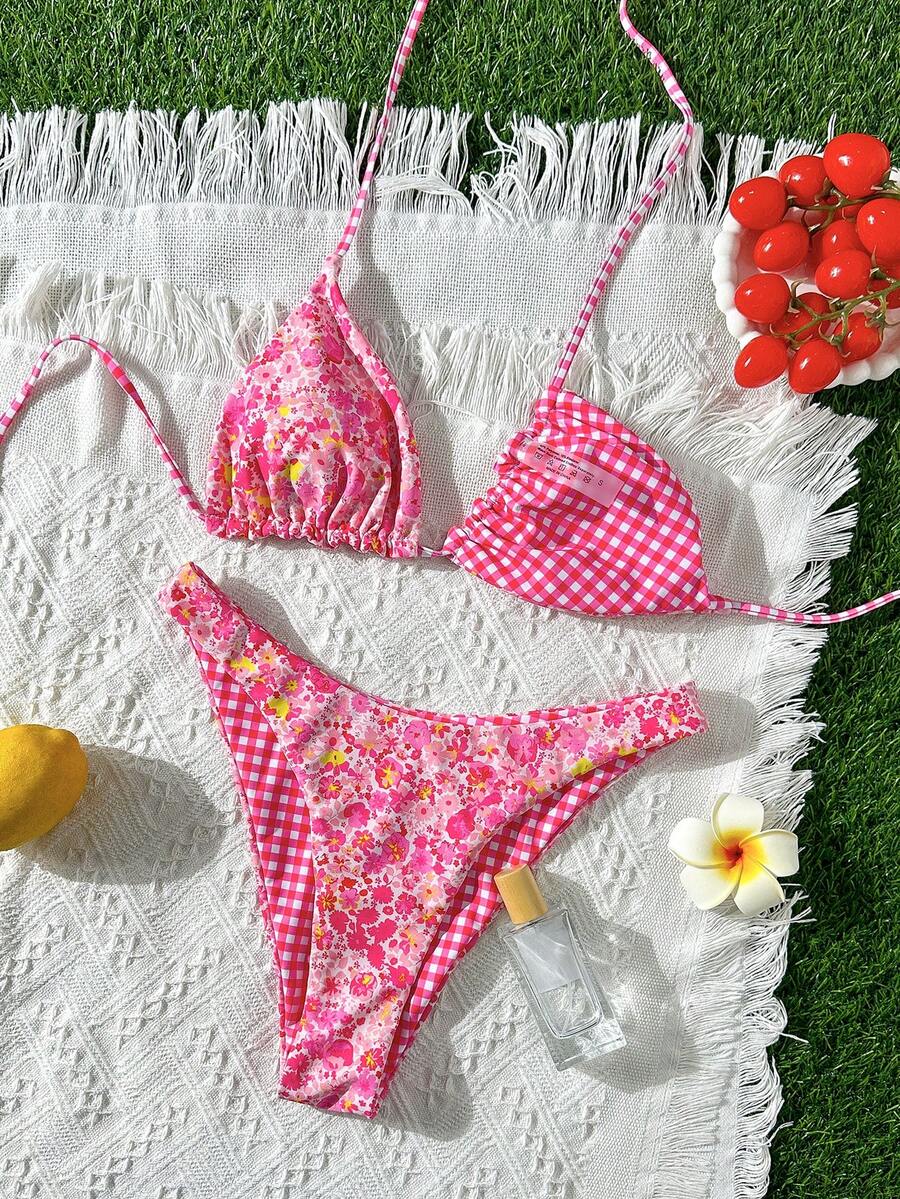 Conjunto de bikini de mujer con estampado floral y de rayas, bikini triangular de escote profundo en V, adecuado para vacaciones en la playa en verano