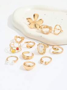 12pcs Exaggerated Flower, Baroque, Colored Rhinestone & Faux Pearl Rings Set, Suitable For Stacking & Multi Element Designs, 'Ins' Style For Women - Gold - View 4