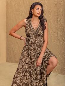 Rusttydustty Long Sleeveless Dress, V-Neck Design, Waist Cinched, Suitable For Casual Vacation, Boho Style, Beach Outfit, Music Festival, Tropical Holiday And Other Occasions