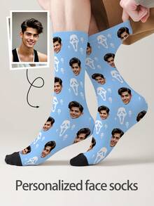 1 Pair Customizable Men's Mid-Calf Socks With Personalized Face Pattern, Can Print Any Face On Socks, Personalized Photo Socks, Fun Customized Image Mid-Calf Socks, Suitable For Valentine's Day, Birthday, Gift, Halloween And Other Occasions, Personalized Customization - Multicolor - View 3