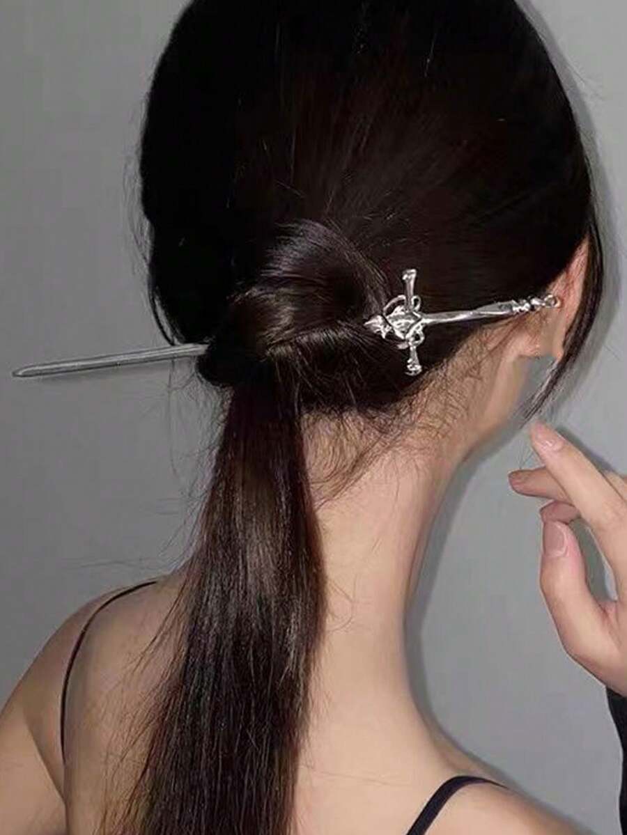 1 件女士中国风古剑发夹、发髻接发、发髻发片、发髻制作器、发型夹、发夹、发饰、学校用品、发夹 - 銀色 - 查看 1