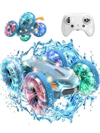 1 stuk amfibische afstandsbediening auto/boot, 2,4 GHz 360 graden roterende stunt RC-auto, 4WD waterdicht RC-voertuig met led-verlichting, terreinspeelgoed voor op het strand en in het zwembad voor kinderen van 6-12 jaar en ouder, kerstcadeau voor jongens en meisjes