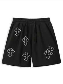 MEN Goth Men's Cross Print Drawstring Waist Pockets Loose Casual Shorts