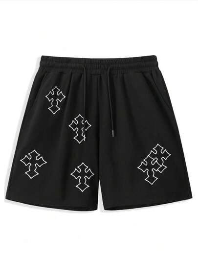 MEN Goth Men's Cross Print Drawstring Waist Pockets Loose Casual Shorts