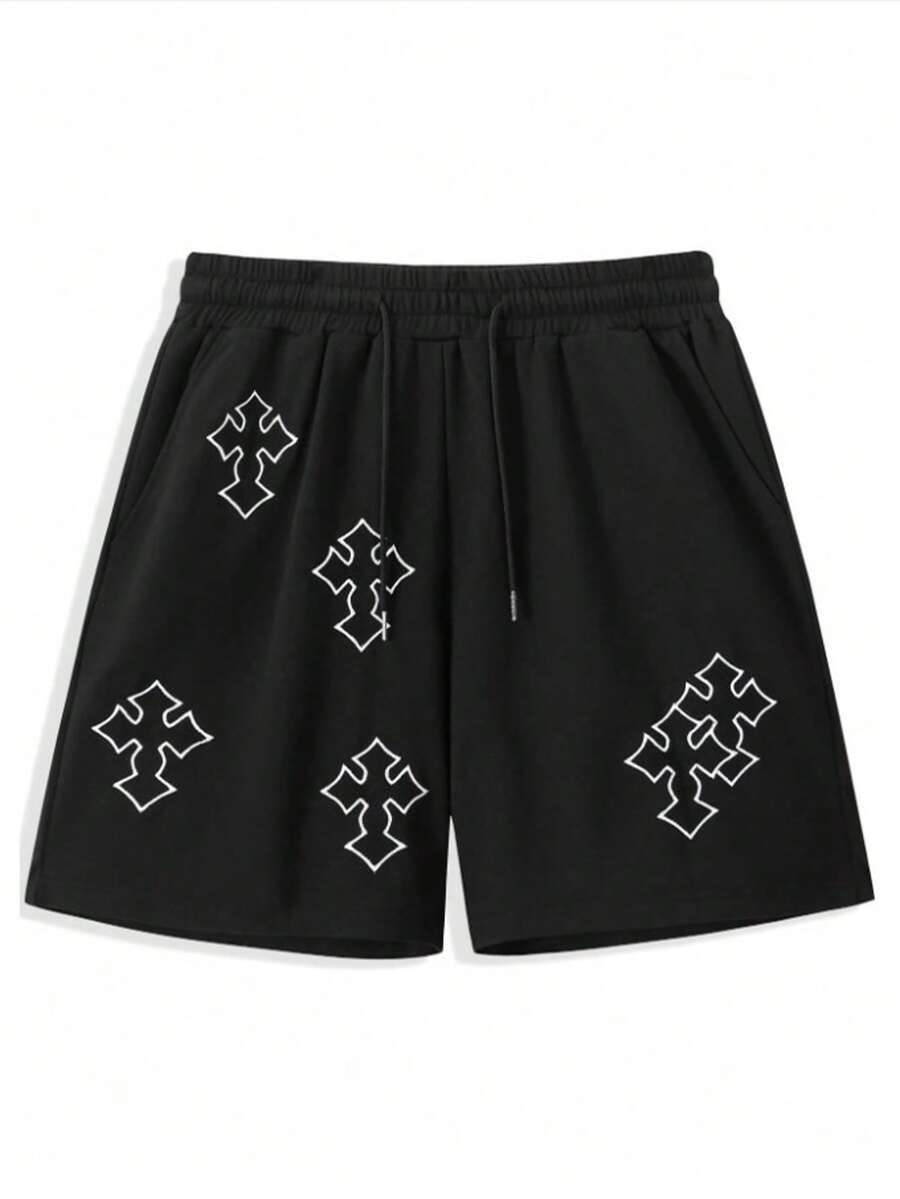 MEN Goth Men's Cross Print Drawstring Waist Pockets Loose Casual Shorts
