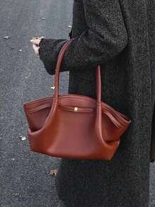1pc Ladies Retro Solid Color PU Leather Shoulder Bag, Large Capacity Handbag With Double Handles And Snap Closure, Suitable For Travel, Shopping, Dating, Gifts For Women, Fit For Teenagers, College Students, Beginners And Office Ladies, Great For Office, School, Work, Business, Commuting, Outdoor, Travel, Picnic