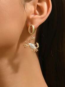 2 件时尚经典海洋派对人造珍珠镶嵌红珊瑚镀金珊瑚蟹和海星天然贝壳 DIY 手工首饰，多种款式可选，适合女性在度假、派对、返校季和其他节日佩戴的耳环 - 小螃蟹鑲鑽耳環 - 查看 2