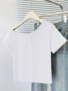 性感不对称领口短袖修身短款上衣 - 白色 - 查看 6