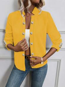 Women's Plain Color Button Up Thin Long Sleeve Jacket, Spring/Autumn