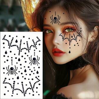 1pc/2pcs These Christmas Spider Web Facial Rhinestone Stickers Are Perfect For Christmas Parties, Cosplay, And Photo Shoots. Available In Red, Black, And White Designs, They Feature Sparkling Rhinestones And Spider Web Motifs, Adding A Chic Festive Touch To Your Look.