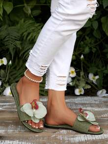 French Floral Strap Slip-On Flat Sandals For Women, New Summer Fashion Casual Outdoor Slide Slippers Suitable For Date, Shopping, Party, Beach Holiday, Home - Army Green - View 3