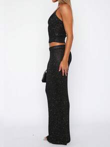 Two Piece Skirt Set For Women Sparkle Sleeveless Spaghetti Strap Scoop Neck Cami Tops Bodycon Maxi Long Skirts Sets Glitter Night Out Outfits Clubwear Party Dresses - 黑色 - 查看 2