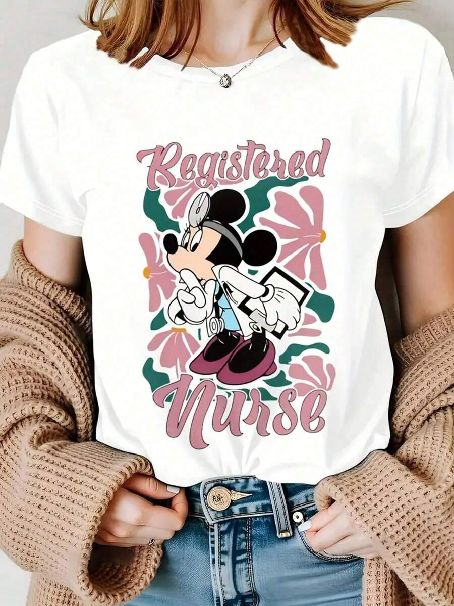 Women's Cartoon Print Casual Loose Daily Simple Style Round Neck Short Sleeve T-Shirt Tops Cute Tops, Micro Elastic, Non-See-Through, Easy Care Material, Perfect For Daily Wear - 白色 - 查看 1