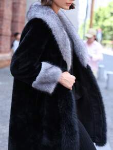 Women's Long Sleeve Contrast Color Big Fur Collar Warm Faux Fur Coat - Dark Grey - View 6
