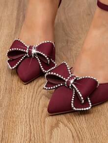 9cm Heel Height Elegant Women's Pointed Toe High Heels With Rhinestone Bow Buckle, Comfortable And Sexy, Suitable For Wedding And Formal Occasions, Spring/Autumn,Burgundy Heels - Burgundy - View 6