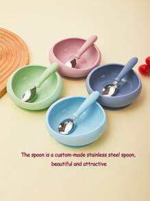2pcs/Set Baby Stainless Steel Suction Bowl With Silicone Spoon, Anti-Fall Anti-Scald Infant Feeding Bowl, Toddler Tableware