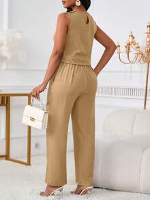 2pcs/Set Women's Fashionable Casual Elegant Sleeveless Top And Detailed Pockets & Button Long Pants - Dark Khaki - View 4