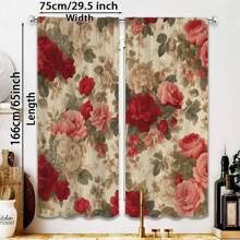 2pcs Glam Style Floral Printed Curtains, Semi-Sheer Polyester Flannel, Machine Washable, Rod Pocket Design, Unlined, Arts & Crafts Theme, With Red And Pink Rose Patterns For Living Room And Bedroom Decor