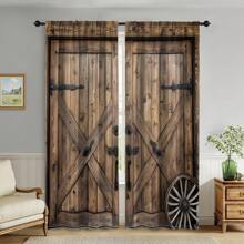 2pcs, Simulated Barn Wooden Door Pattern Window Curtain Rod Pocket, For Living Room, Kitchen, Bedroom, Hotel, Bathroom, Classroom, Dining Room, Home Decor, 3D Printed Cheap Window Shades, Curtains