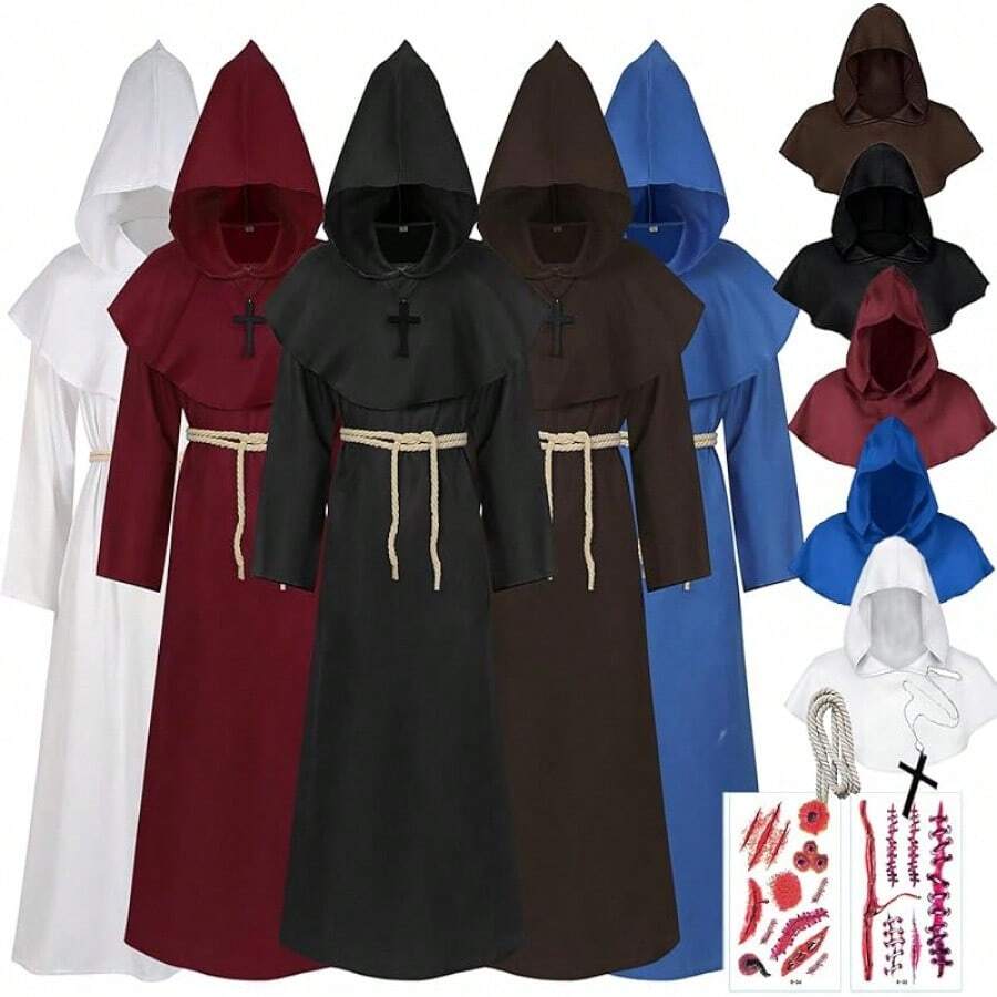 Friar Medieval Monk Robe Renaissance Priest Robe Necklace Halloween Cosplay Costume Adult Teens Long Cape - Màu Đỏ Sâu - Xem 1